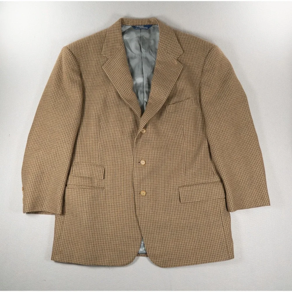 Polo Ralph Lauren Men 46R Lambswool Houndstooth Blazer Brown Sport Coat USA Made